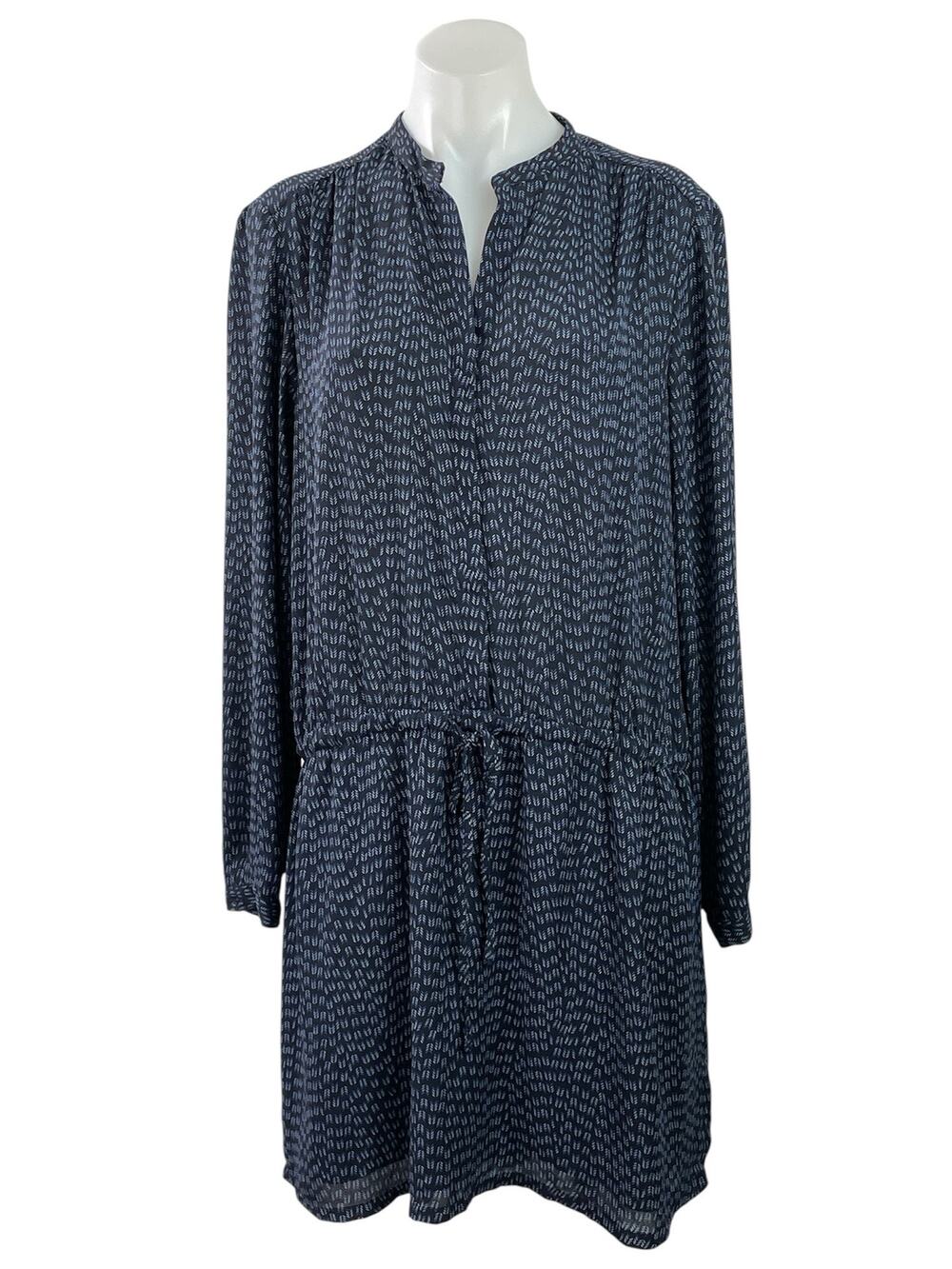 Hilary Radley Navy Blue Geometric Leaf Print Long-sleeve Blouson Midi Dress Sz L